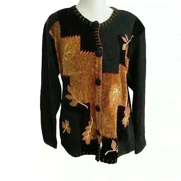 Vintage 80s Victoria Harbour Sweater Size M  Leaf Patchwork Print Black Fall - Picture 2 of 13